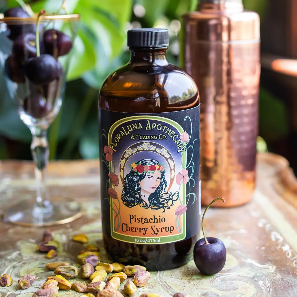 FloraLuna Apothecary & Trading Co - Pistachio Cherry Cocktail and Botanical Soda Syrup - 16 oz