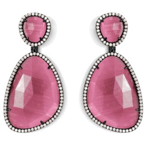 Splendid Iris - Bold Cat's Eye Double Drop with Gunmetal CZ Pave Earrings - PINK