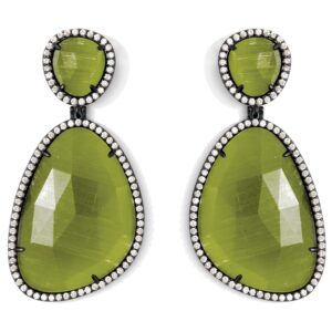 Splendid Iris - Bold Cat's Eye Double Drop with Gunmetal CZ Pave Earrings - OLIVE