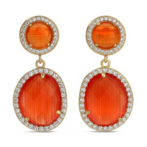 Splendid Iris - Clementine Double Drop Stone with CZ Pave Earrings - ORANGE