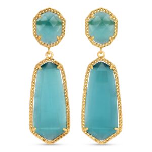 Splendid Iris - Charlotte Long Double Drop Stone Stud Earrings - AQUA