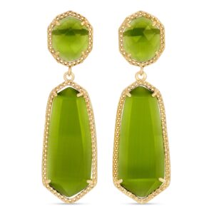 Splendid Iris - Charlotte Long Double Drop Stone Stud Earrings - OLIVE