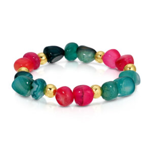 Splendid Iris - Tumbled Stone Statement Bracelet with 8mm Gold Accent Beads - PINK AND TEAL