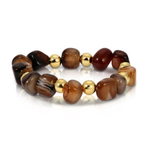 Splendid Iris - Tumbled Stone Statement Bracelet with 8mm Gold Accent Beads - BROWN
