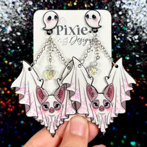 Sea Pixie Designs - HANDMADE - Cute Ghost Glitter Bat Halloween Dangle Earrings