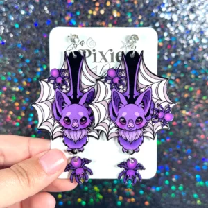 Sea Pixie Designs - HANDMADE - Spider Web Bats Halloween Dangle Earrings