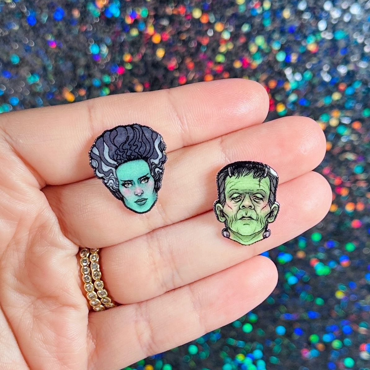 Sea Pixie Designs - HANDMADE - Frankenstein & Bride Halloween Studs Earrings - Image 2