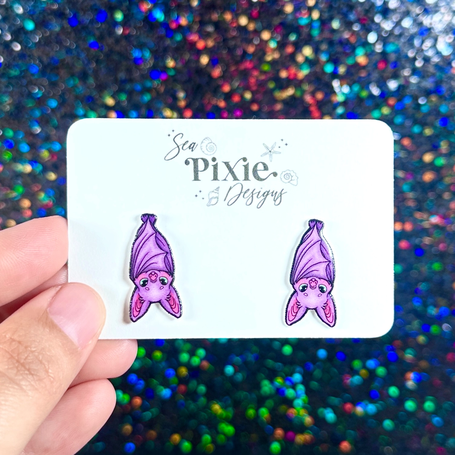 Sea Pixie Designs - HANDMADE - Cute Upside-Down Purple Bat Halloween Stud Earrings