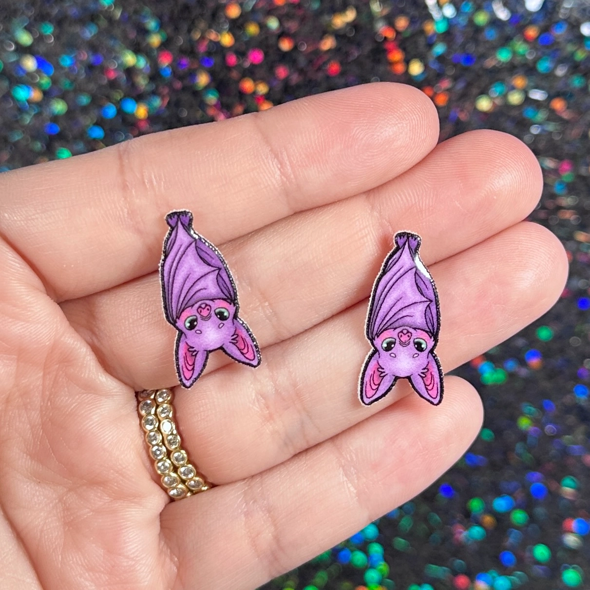 Sea Pixie Designs - HANDMADE - Cute Upside-Down Purple Bat Halloween Stud Earrings - Image 2