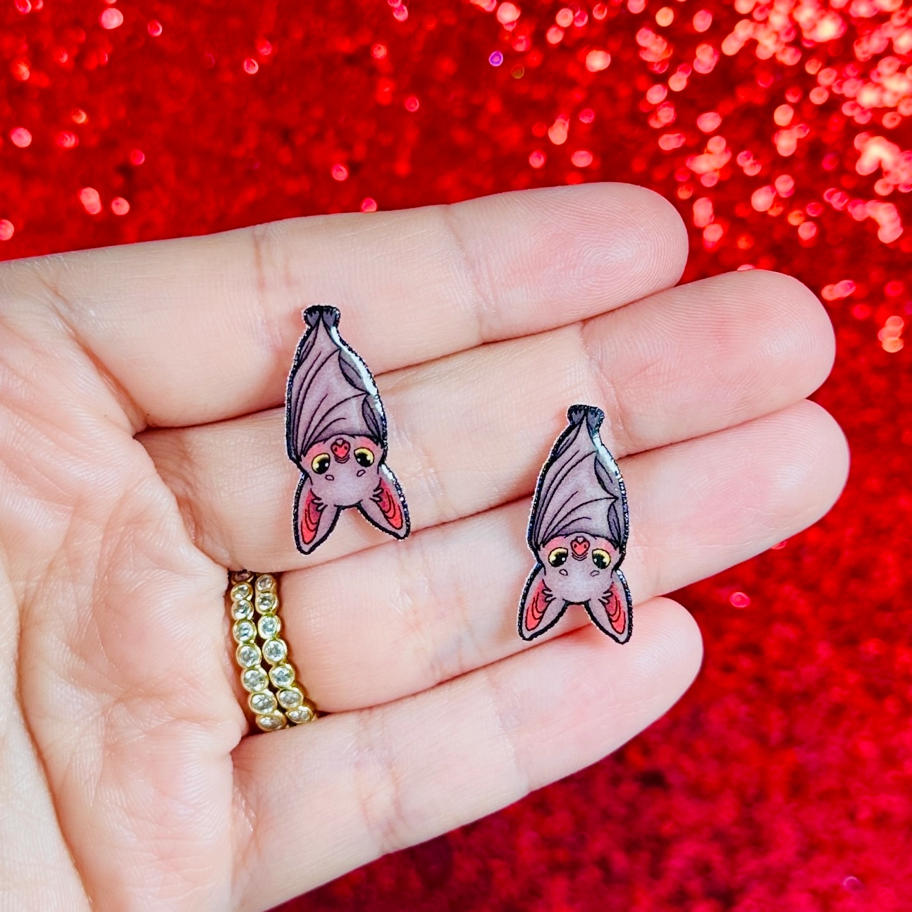 Sea Pixie Designs - HANDMADE - Cute Upside-Down Brown Bat Halloween Stud Earrings - Image 2