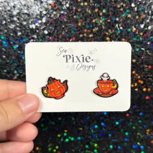 Sea Pixie Designs - HANDMADE  - Cute Pumpkin Jack O Lantern Teapot Halloween Stud Earrings