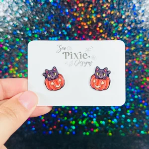 Sea Pixie Designs - HANDMADE  - Cute Cat Pumpkin Jack-O'-Lantern Halloween Stud Earrings