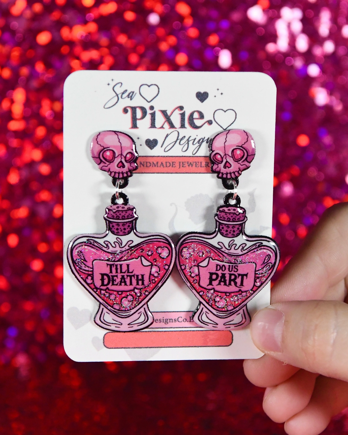 Sea Pixie Designs - HANDMADE - Glittery Love Potion Valentines Day Dangle Earrings