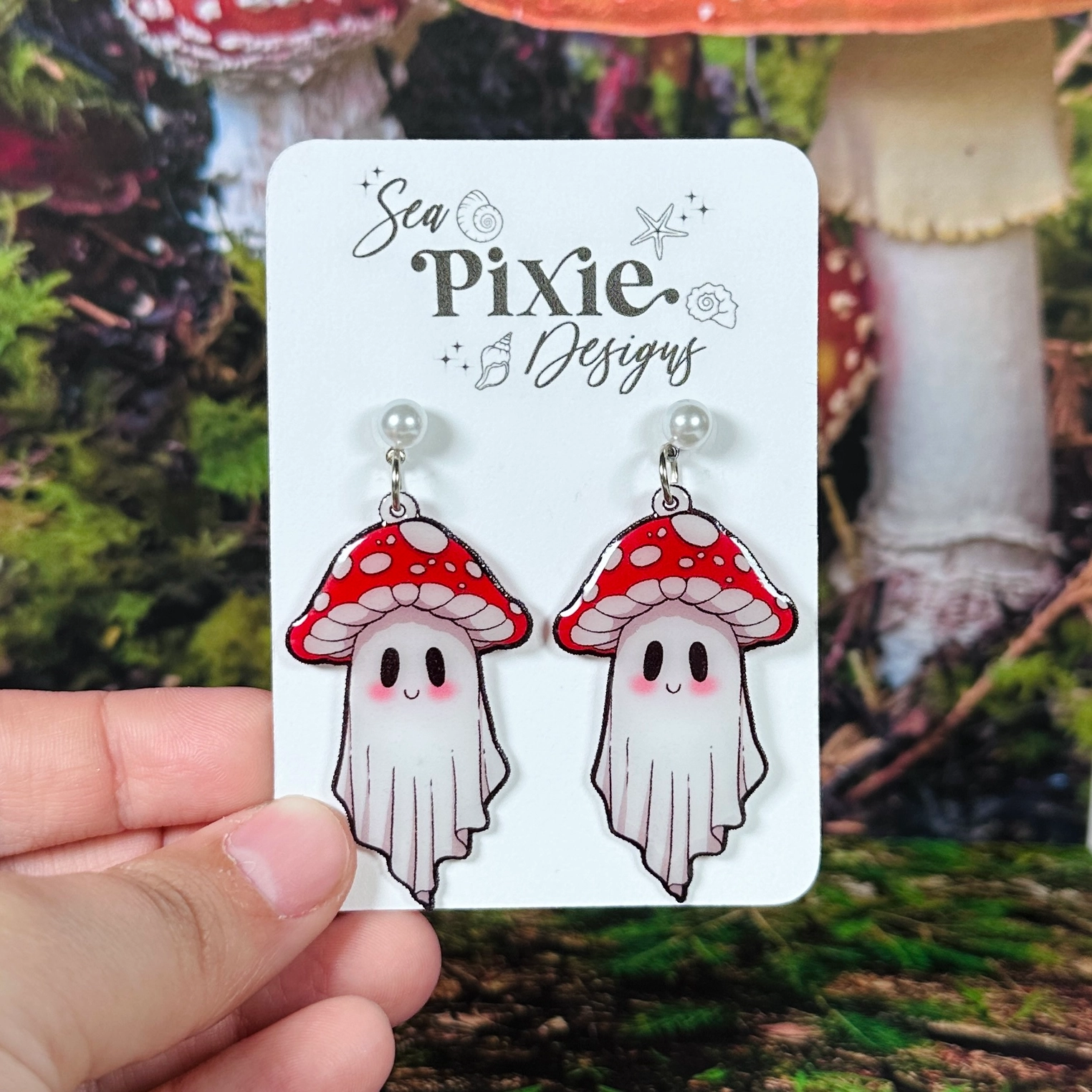 Sea Pixie Designs - HANDMADE - Mushroom Ghost Forest Dangle Earrings