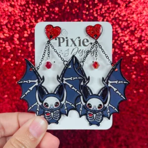 Sea Pixie Designs - HANDMADE - Skeleton Heart Bats Halloween Dangle Earrings