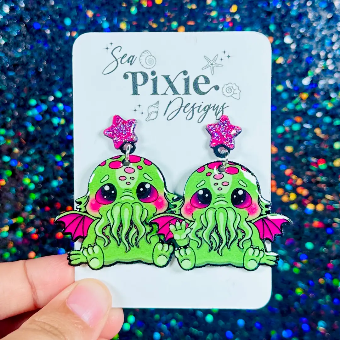 Sea Pixie Designs - HANDMADE - Cthulhu Monster Bats Halloween Dangle Earrings