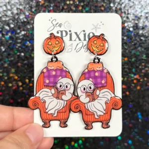 Sea Pixie Designs - HANDMADE - Ghosts Reading Books Halloween Dangle Earrings