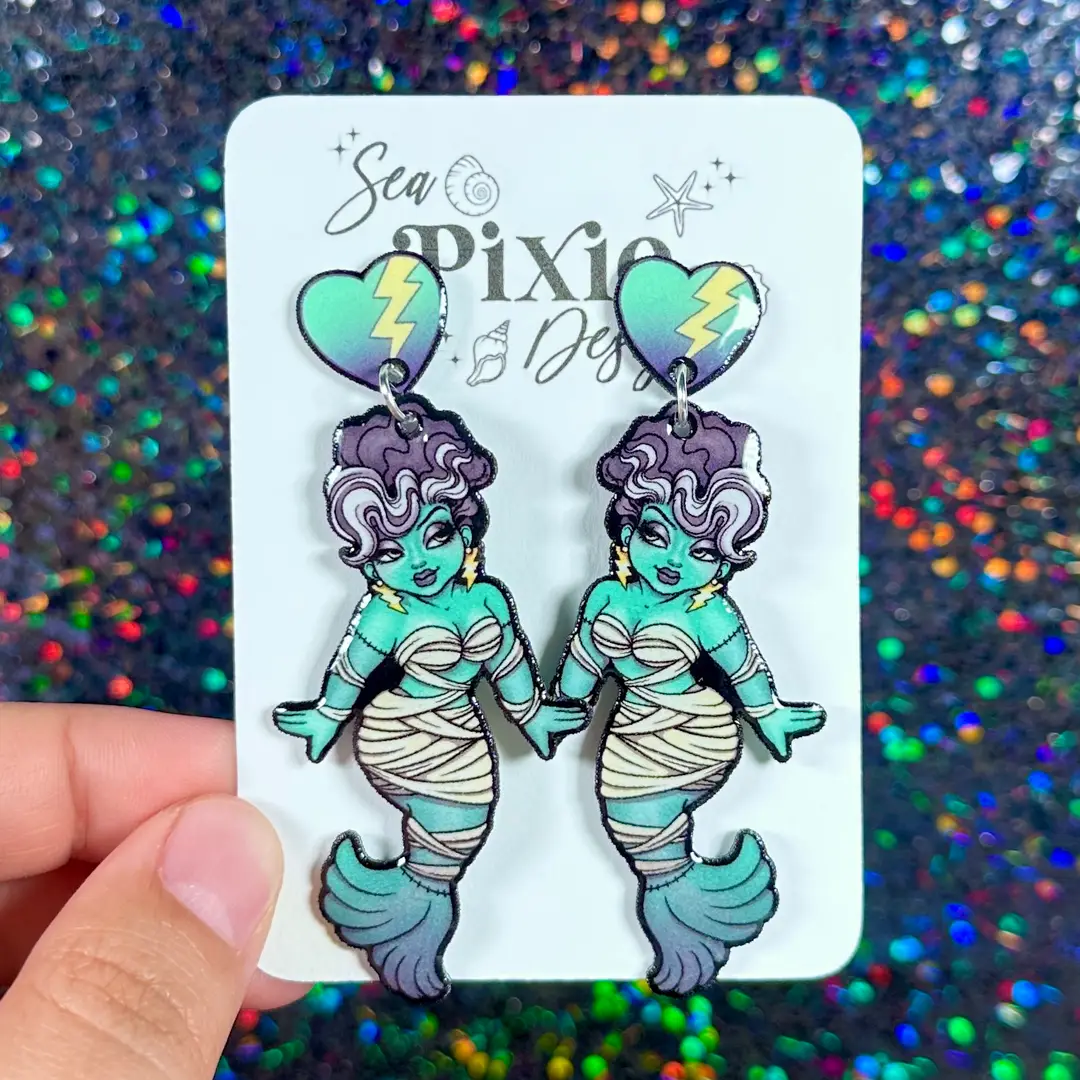 Sea Pixie Designs - HANDMADE - Frankenstein Bride Mermaid Halloween Dangle Earrings
