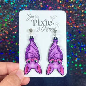 Sea Pixie Designs - HANDMADE - Cute Upside-Down Purple Bat Halloween Dangle Earrings