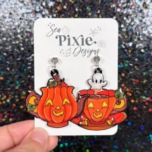 Sea Pixie Designs - HANDMADE - Pumpkin Jack O Lantern Teapot Halloween Dangle Earrings