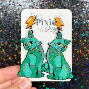 Sea Pixie Designs - HANDMADE - Cute Frankenstein Cat Kitty Halloween Dangle Earrings