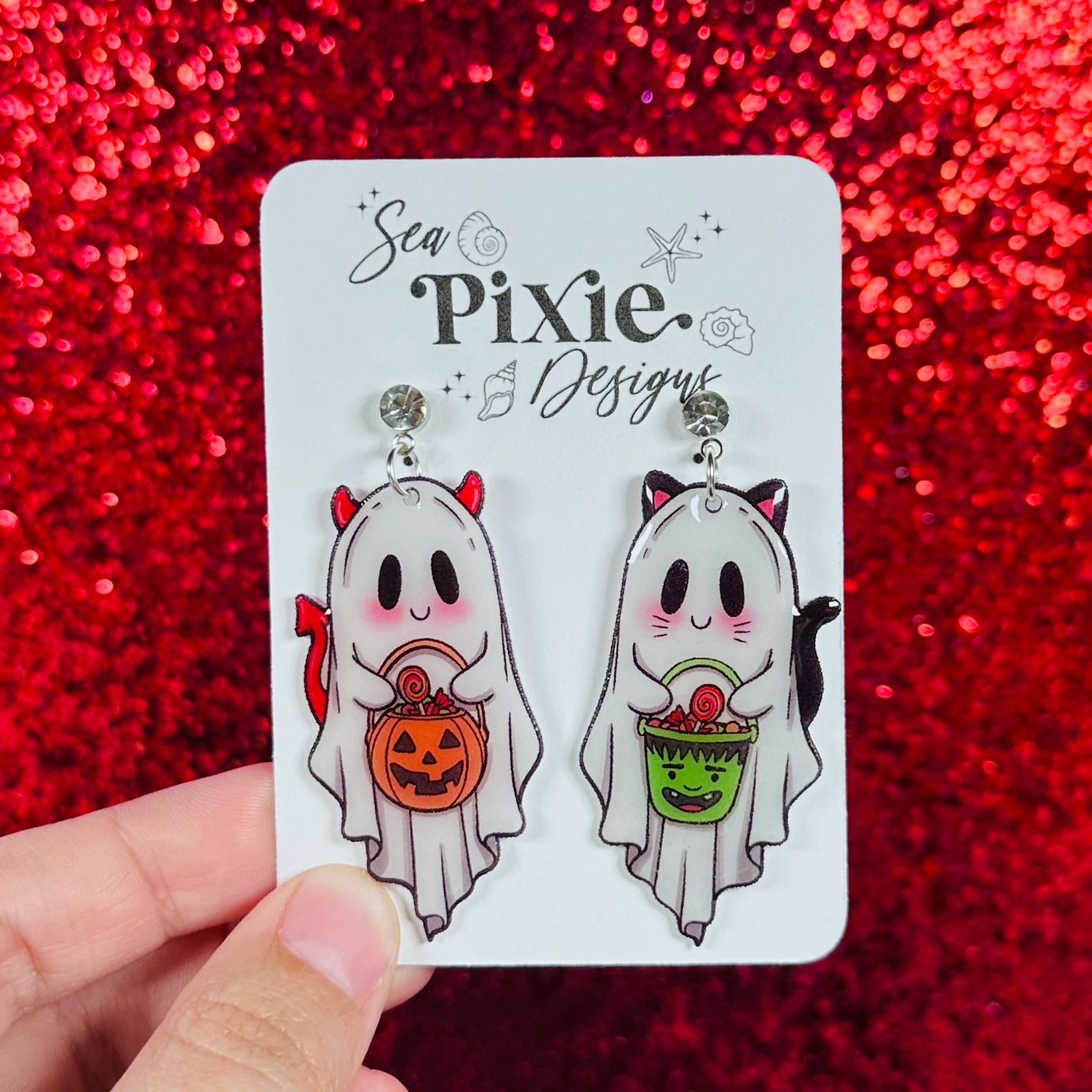 Sea Pixie Designs - HANDMADE - Trick R Treat Ghost Halloween Dangle Earrings