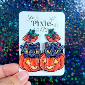 Sea Pixie Designs - HANDMADE - Cute Cat Pumpkin Jack-O'-Lantern Halloween Dangle Earrings
