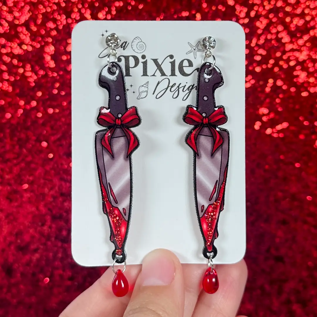 Sea Pixie Designs - HANDMADE - Bloody Slasher & Bow Halloween Dangle Earrings