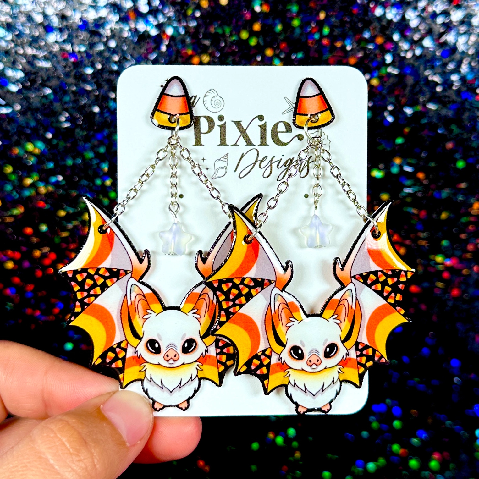 Sea Pixie Designs - HANDMADE - Candy Corn Bats Halloween Dangle Earrings
