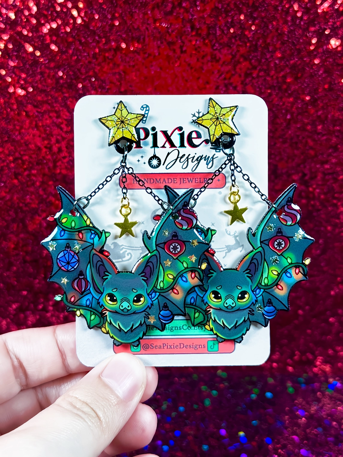Sea Pixie Designs - HANDMADE - Holiday Tree Bat Halloween & Christmas Dangle Earrings