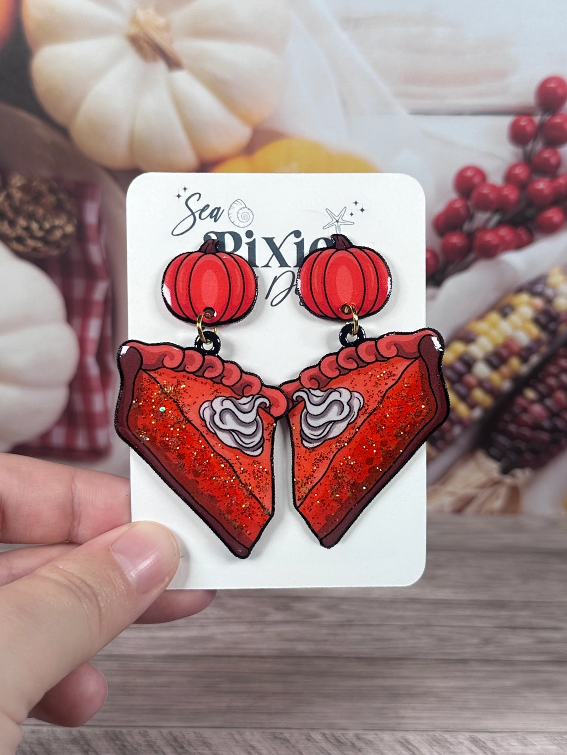 Sea Pixie Designs - HANDMADE - Thanksgiving Pumpkin Pie Glitter Fall Dangle Earrings Autumn Collection