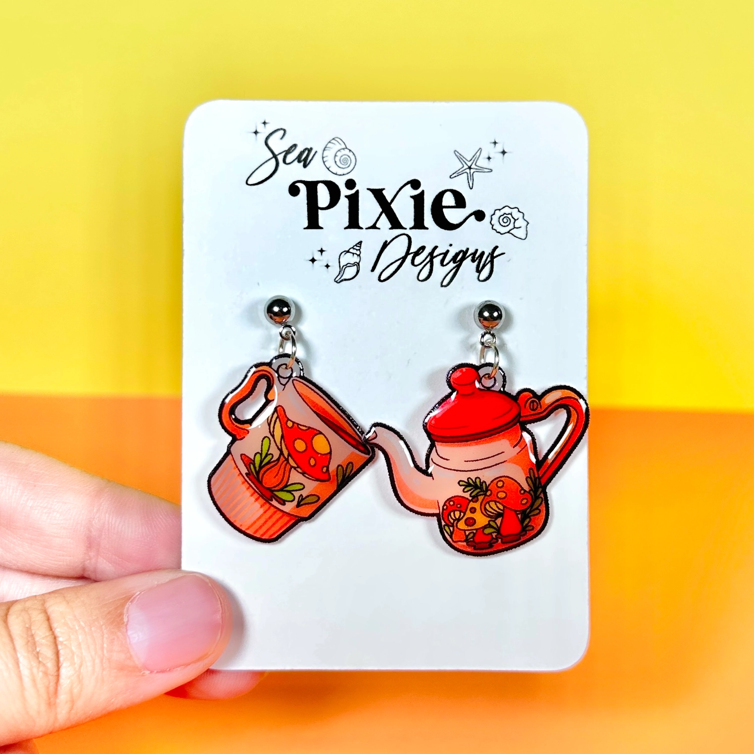 Sea Pixie Designs - HANDMADE - Teapot Mushroom Vintage Groovy Dangle Earrings Autumn Collection