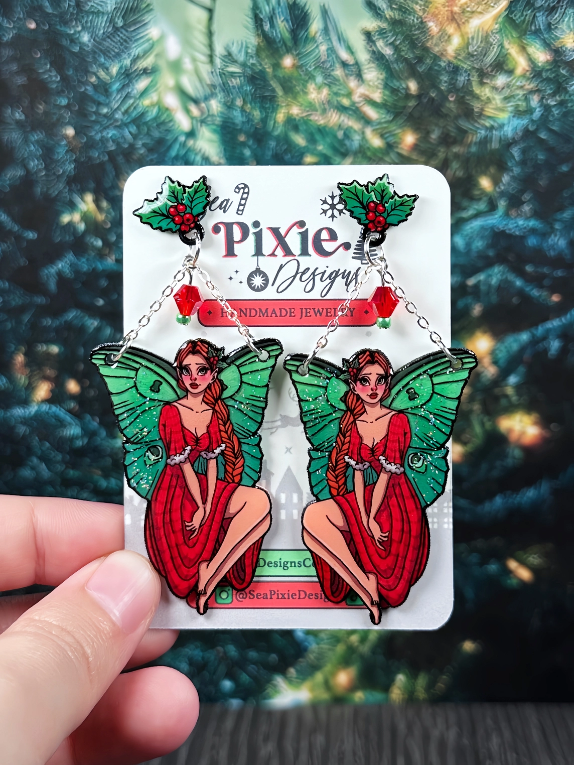 Sea Pixie Designs - HANDMADE - Woodland Christmas Fairy Mistletoe Holly Dangle Earrings