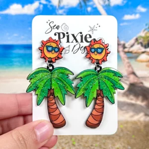 Sea Pixie Designs - HANDMADE - Palm Tree Sunglasses Glitter Tropical Dangle Summer Earrings Ocean Collection