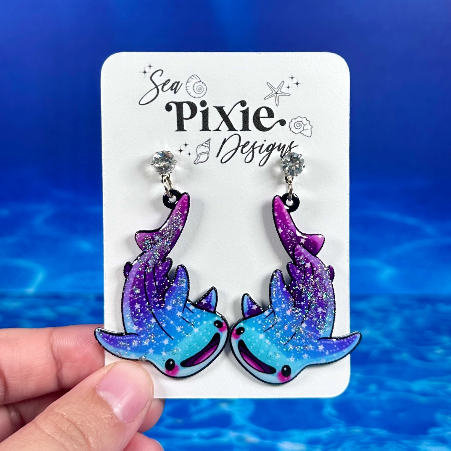 Sea Pixie Designs - HANDMADE - Glitter Whale Shark Dangle Earrings Ocean Collection