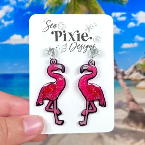 Sea Pixie Designs - HANDMADE - Pink Flamingo Glitter Tropical Dangle Summer Earrings Ocean Collection