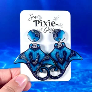 Sea Pixie Designs - HANDMADE - Glittery Manta Ray Dangle Earrings Ocean Collection