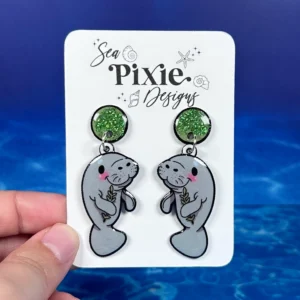 Sea Pixie Designs - HANDMADE - Glitter Manatee Dangle Earrings Ocean Collection