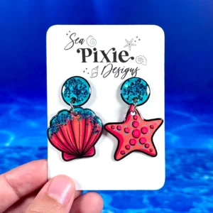Sea Pixie Designs - HANDMADE - Glitter Starfish & Shell Dangle Earrings Ocean Collection
