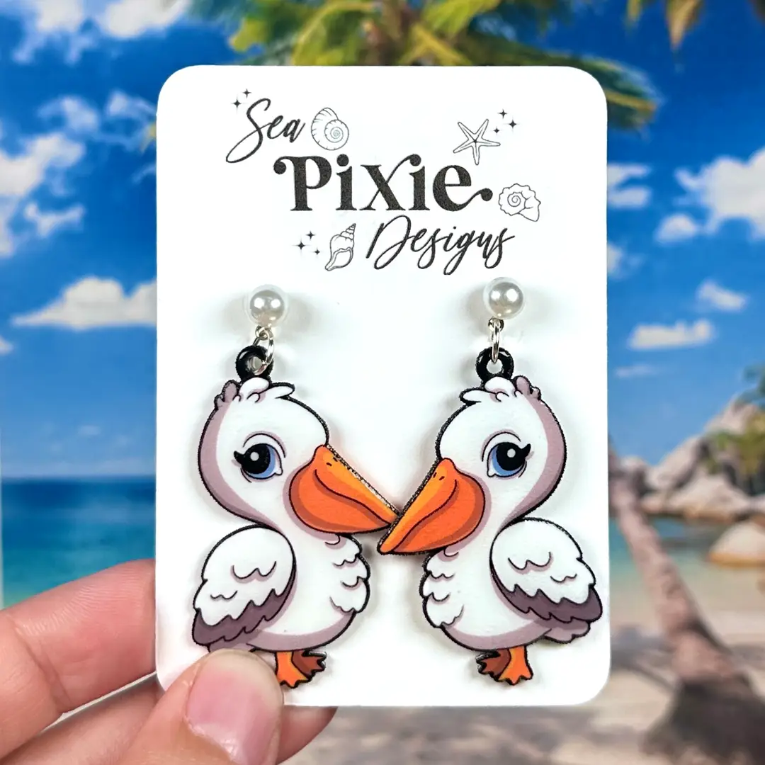 Sea Pixie Designs - HANDMADE - Pelican Bird Tropical Dangle Coastal Summer Earrings Ocean Collection