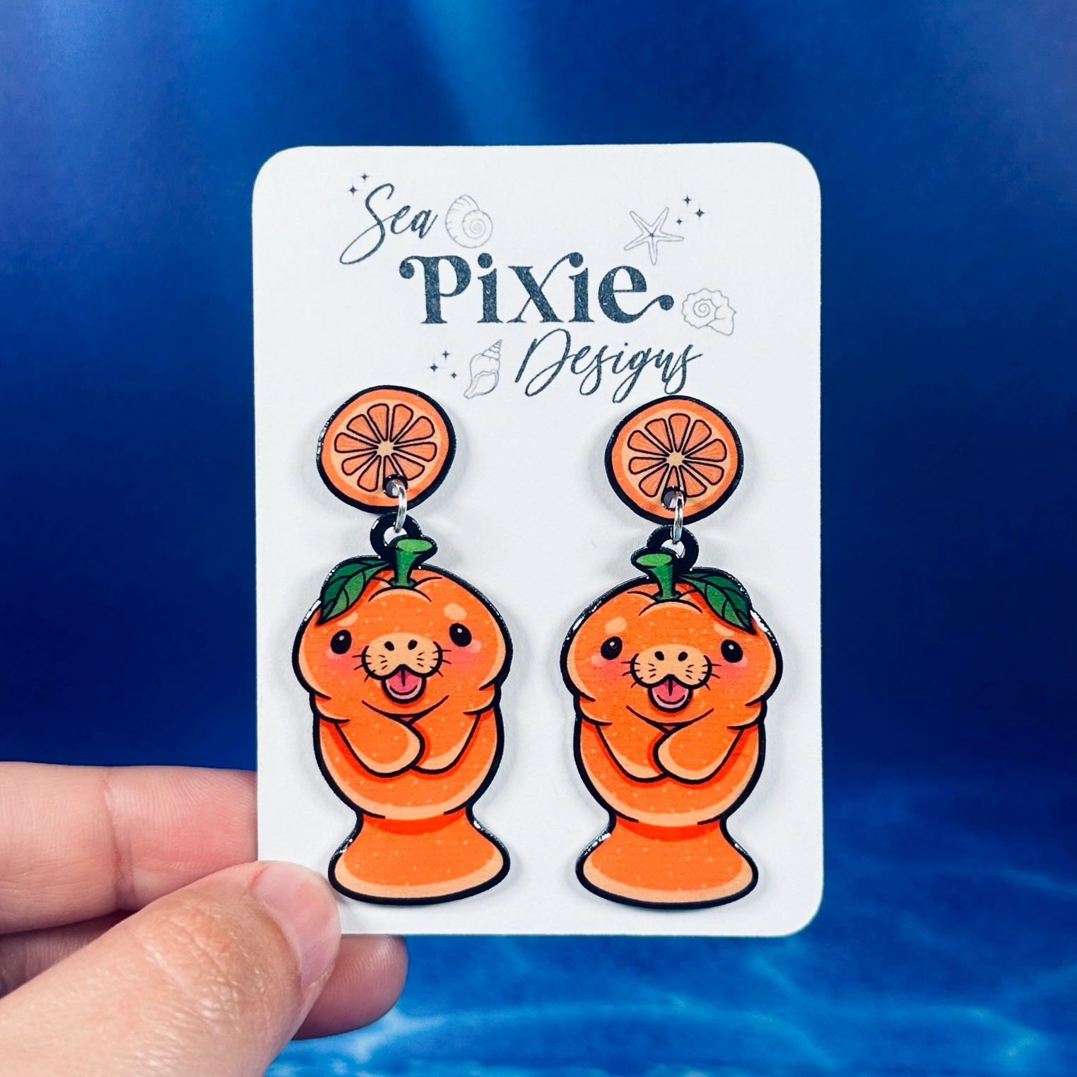 Sea Pixie Designs - HANDMADE - Orange Fruit Citrus Manatee Dangle Earrings Ocean Collection